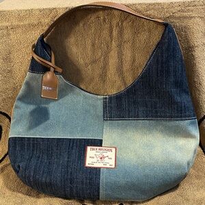 True Religion Patchwork Denim Hobo Bag in Light and Dark Blue with Tan Strap